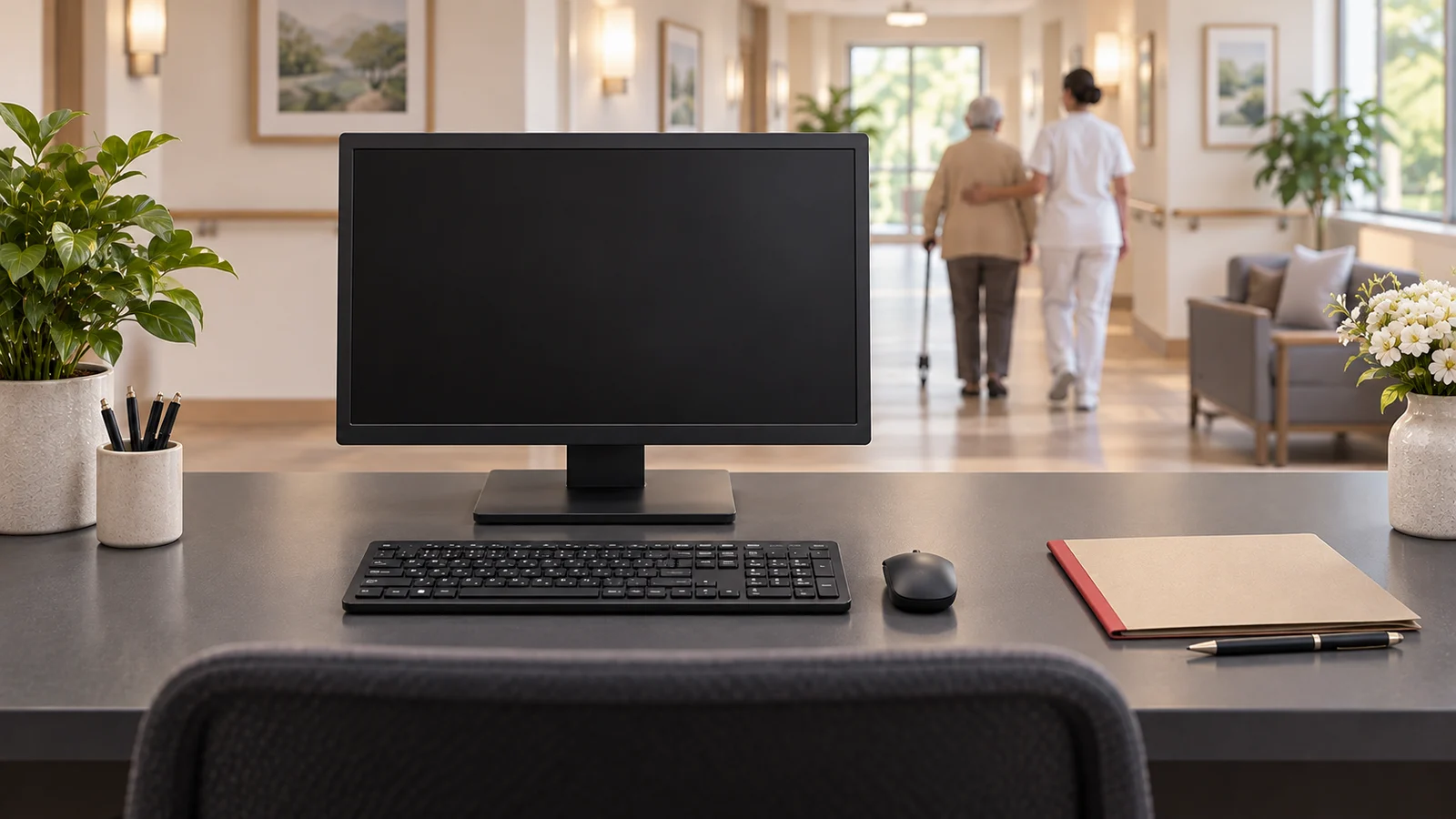 Illustrazione di una postazione con monitor spento e cartella cartacea, mentre sullo sfondo un operatore accompagna una persona anziana.