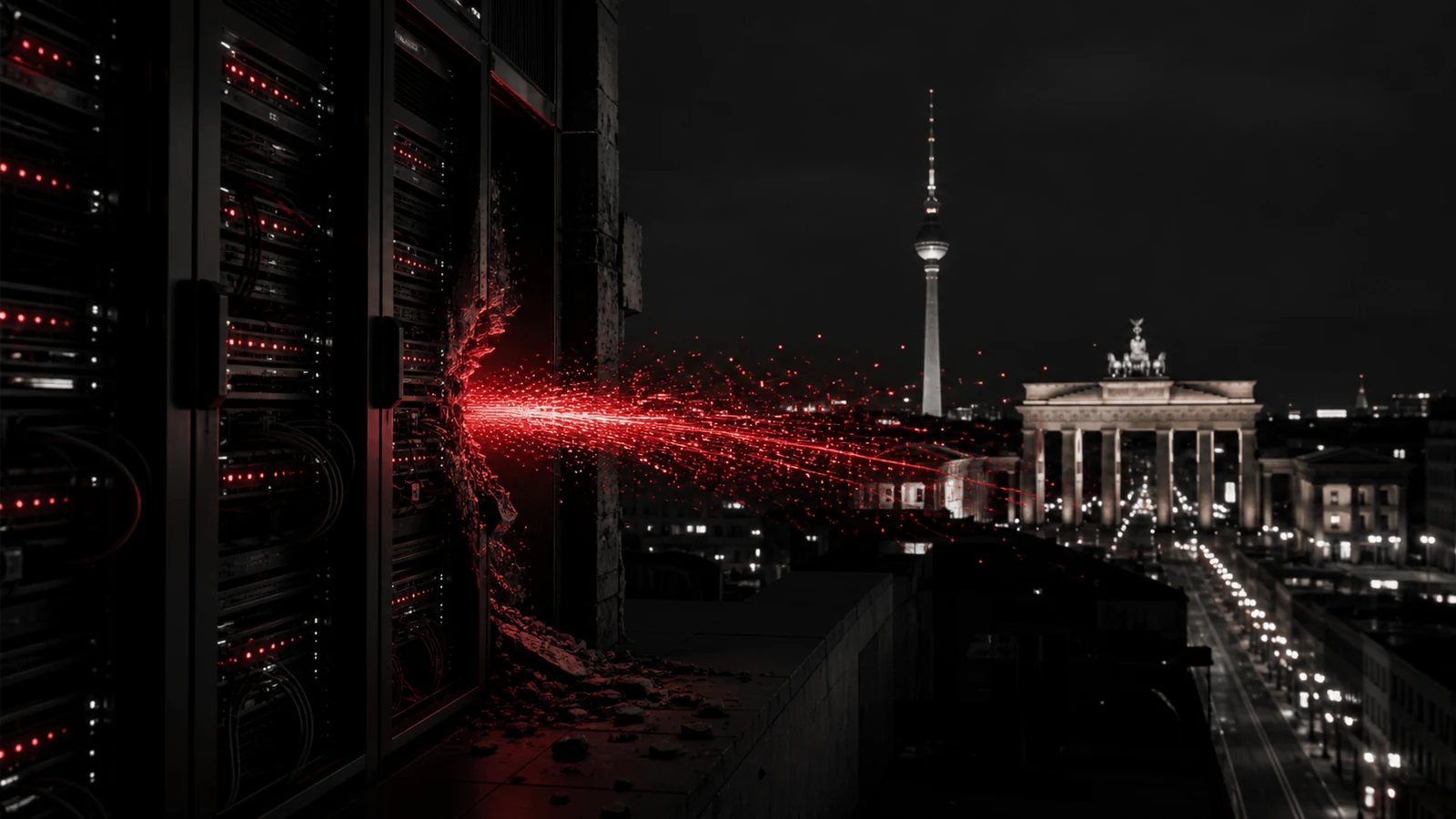 Un flusso rosso di dati esce da un’infrastruttura informatica davanti alla Porta di Brandeburgo e alla torre della televisione di Berlino.