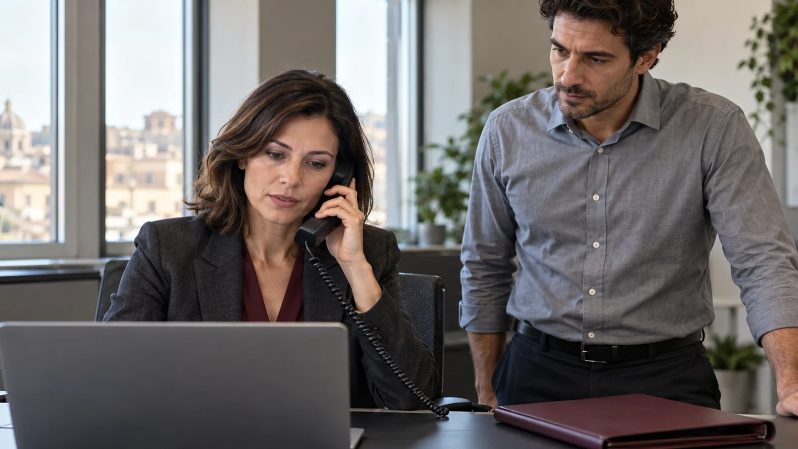 Una professionista al telefono e un collega accanto alla scrivania durante una verifica in ufficio, con computer e cartella privi di marchi e dati visibili.