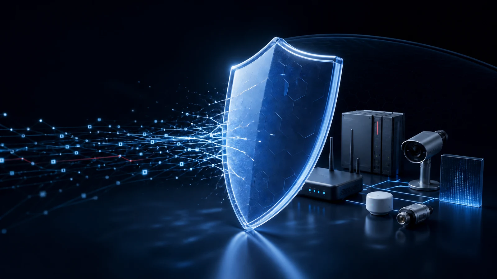 Uno scudo digitale blu protegge router, dispositivi connessi e componenti industriali da flussi di rete esterni.