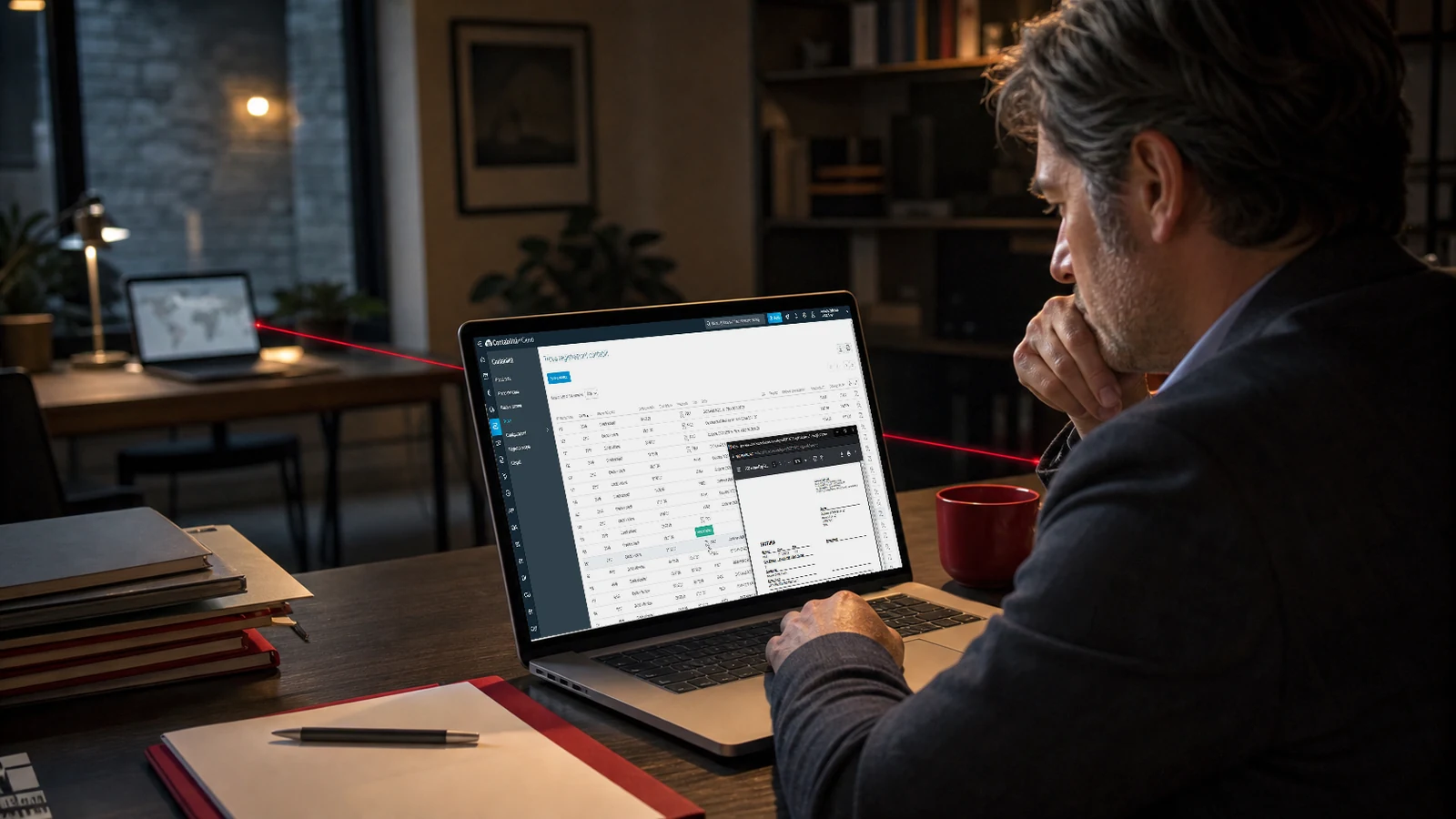 Un imprenditore accede da remoto a Contabilità in Cloud su un computer collegato a un secondo dispositivo.