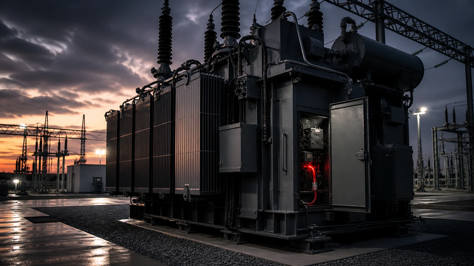 Un grande trasformatore elettrico mostra un modulo di controllo interno attraversato da un collegamento rosso.
