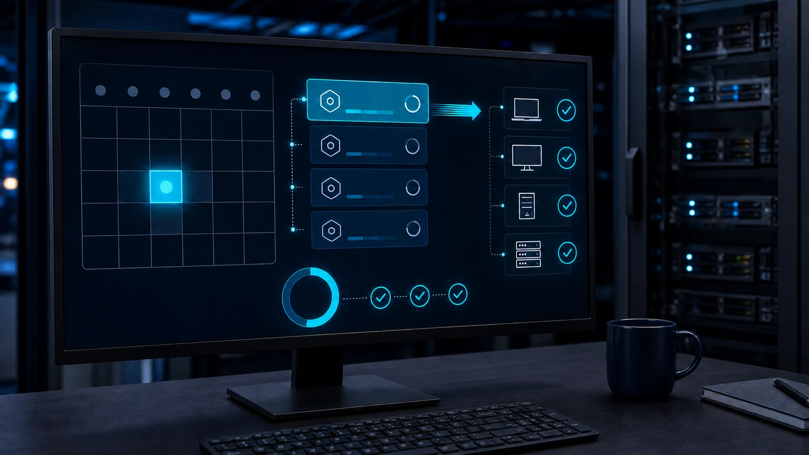 Un calendario mensile guida una coda prioritaria di aggiornamenti verso workstation e server.