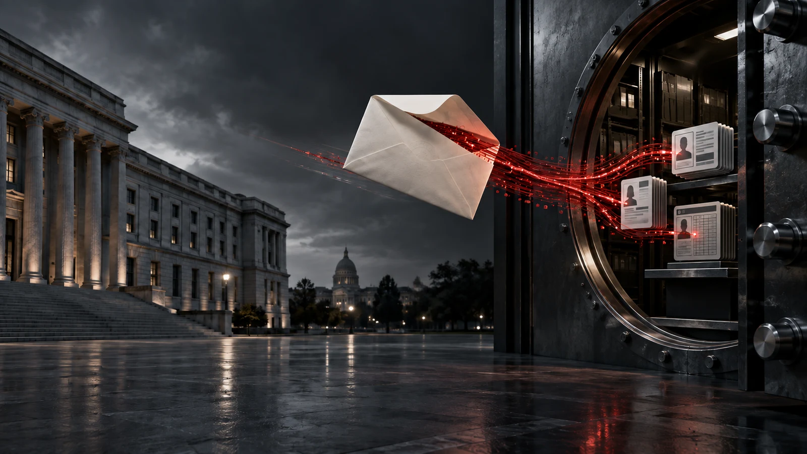 Una busta digitale proveniente da un edificio istituzionale trasporta un flusso rosso verso un archivio di dati finanziari.