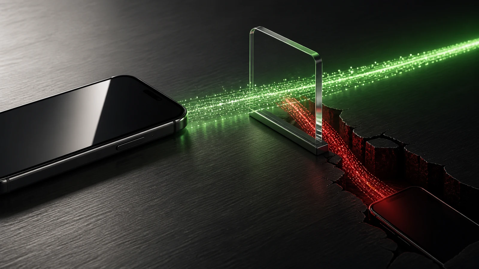 Un flusso verde tra due smartphone si divide, attraversando una frattura rossa verso un dispositivo nascosto.