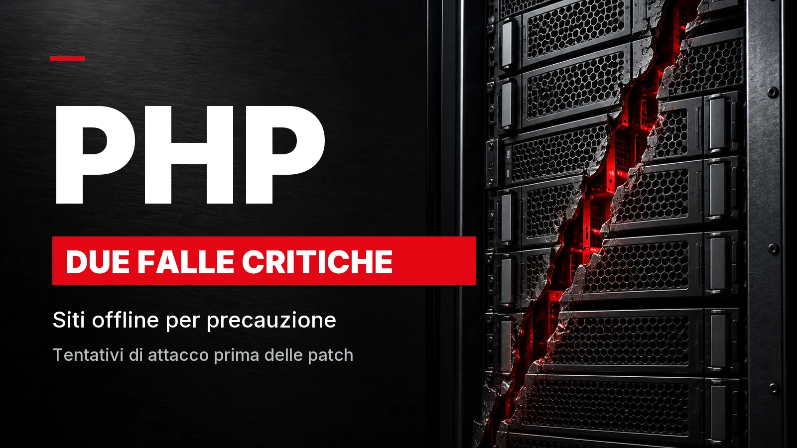 Copertina editoriale PHP2Shell: scritta PHP, due falle critiche e siti offline per precauzione, su fondo scuro con un server e una fenditura rossa.