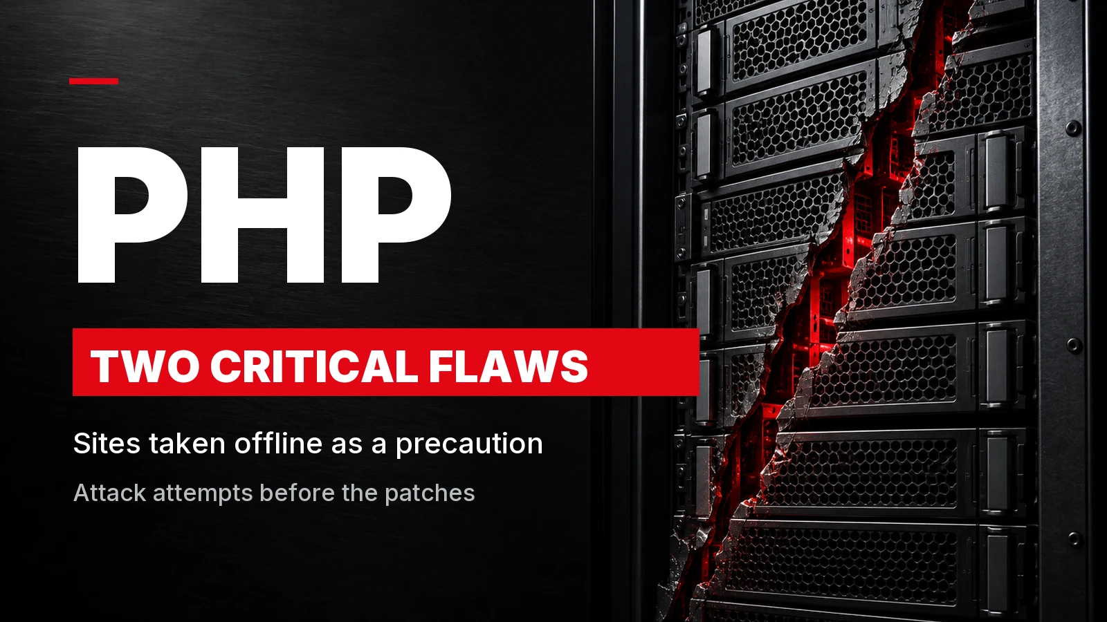 PHP2Shell editorial cover: PHP lettering, two critical vulnerabilities and precautionary website shutdowns, with a server and a red fracture on a dark background.