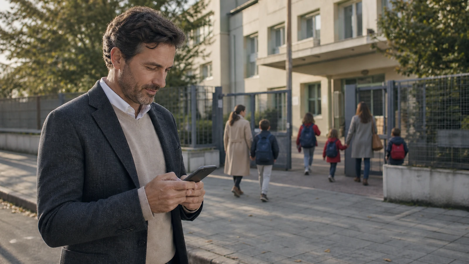 Un padre imprenditore controlla un’app scolastica sul telefono davanti all’ingresso di una scuola.