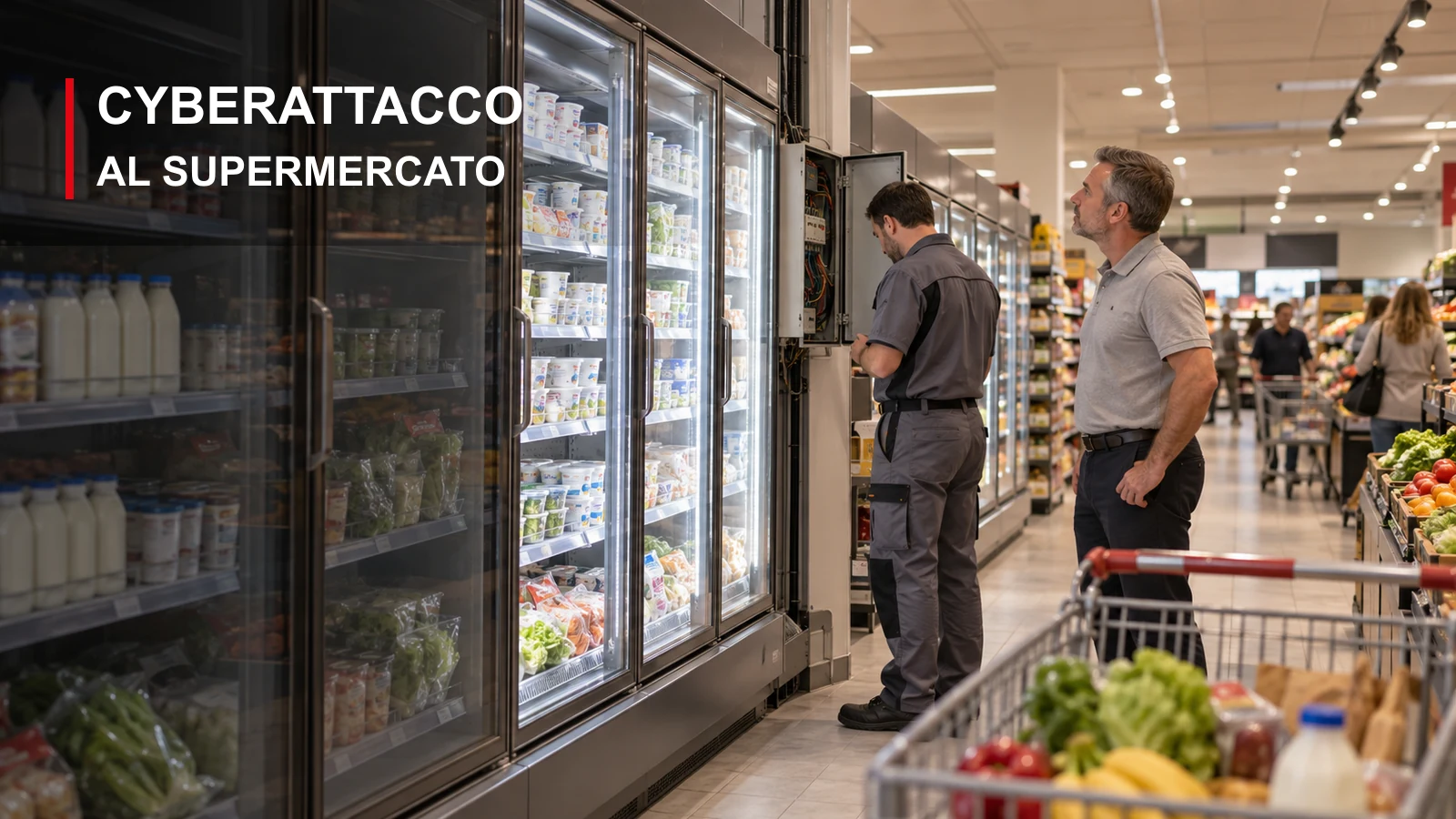 Scena illustrativa in un supermercato: responsabile e tecnico controllano un impianto accanto ai banchi frigo, con la scritta Cyberattacco al supermercato.