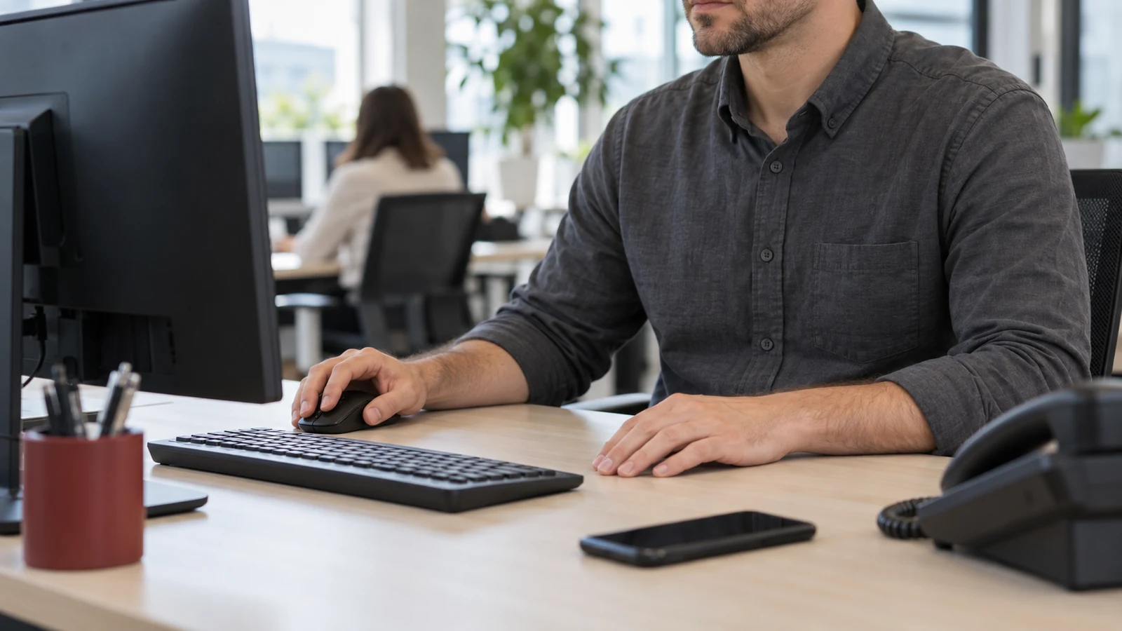 Un addetto lavora al computer in una postazione commerciale con telefono fisso e smartphone, senza schermi o dati cliente visibili.